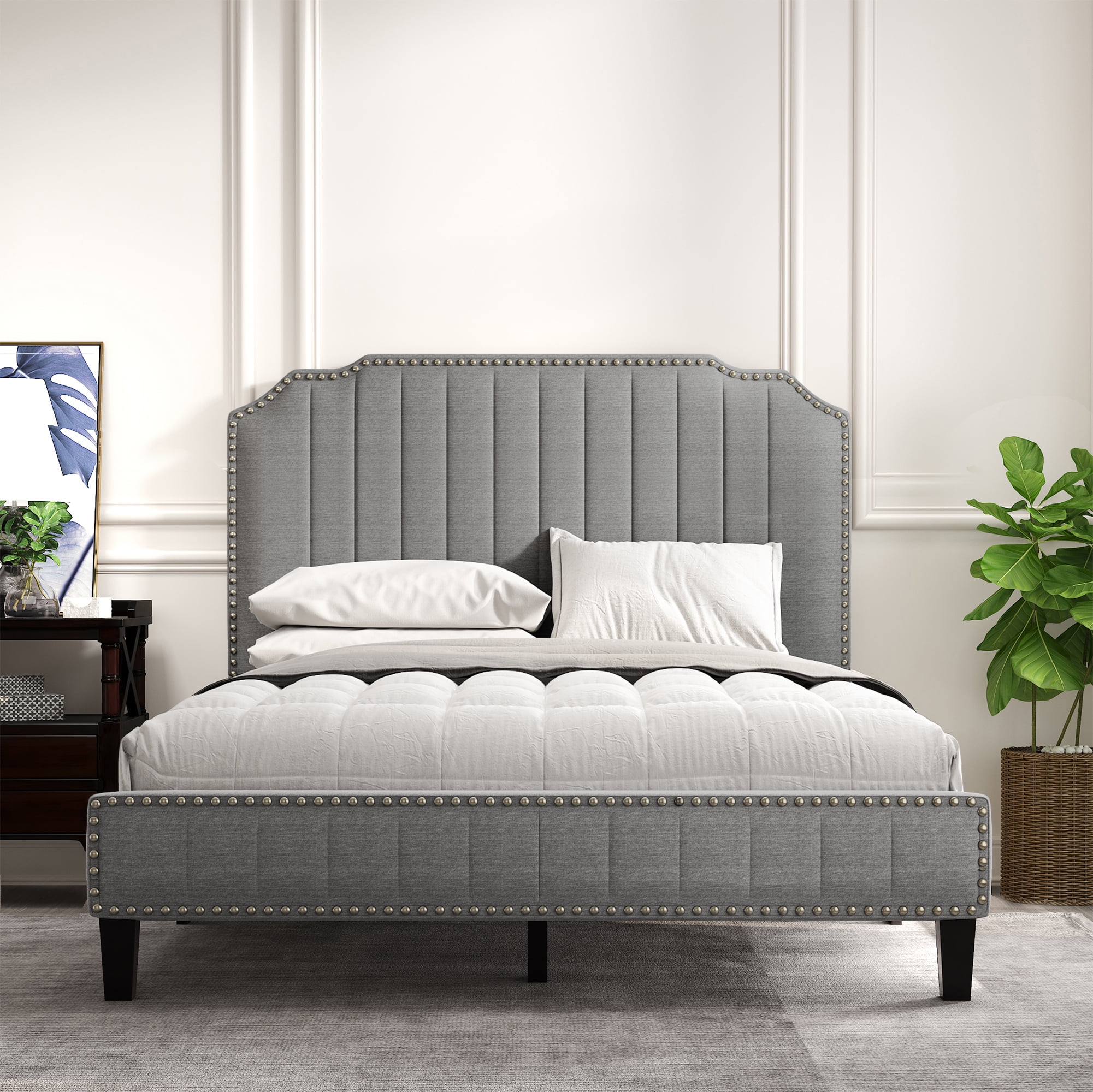 Gray Upholstered Platform Bed, Full Size Bed Frame with Solid Wooden