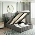 thumbnail image 1 of Gray Upholstered Platform Bed With Hydraulic Storage Benefit. Strong Plywood Frame. Beige Linen Upholstery. No Box Spring. 24 Slats. Fits 75x54in Mattress. Bedroom Decor Addition Space. & Pine Wood., 1 of 6