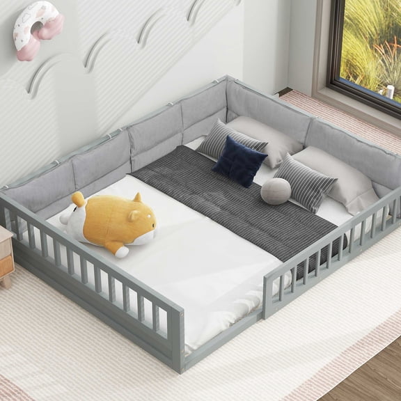 Gray Upholstered Platform Bed With Secure Guardrail And Pillow - Easy To Adapt Different Bedroom Themes Fluffy Cushion In Fits Various