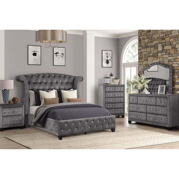 Gray Upholstered Queen 5 Piece Bedroom Furniture | Contemporary Bedroom Set with Crystal Adornment | Wood Bed Frame and Dovetail Drawers | Solves Bedroom Arrangement and Storage
