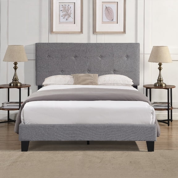 Queen Size Upholstered Platform Bed Frame with Linen Fabric Headboard, No Box Spring Needed, Gray, for Bedroom