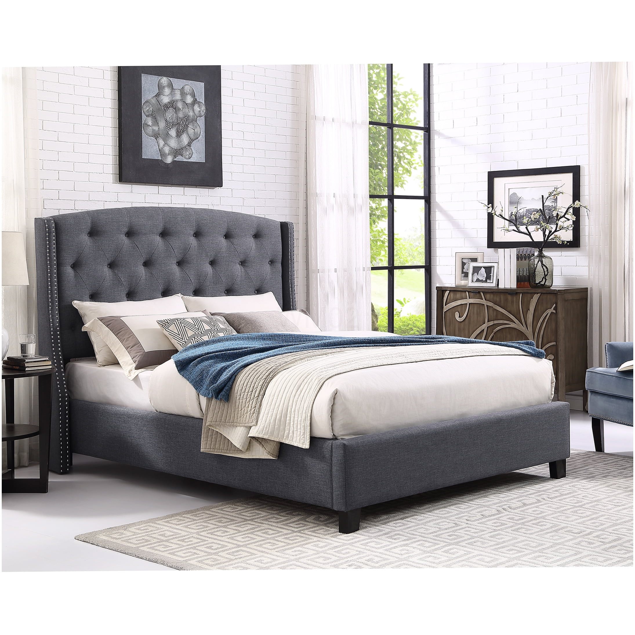 Gray Upholstered Queen Bed Frame with Wingback Headboard, Button Tufted Design and Nailhead Trim for Modern Bedroom