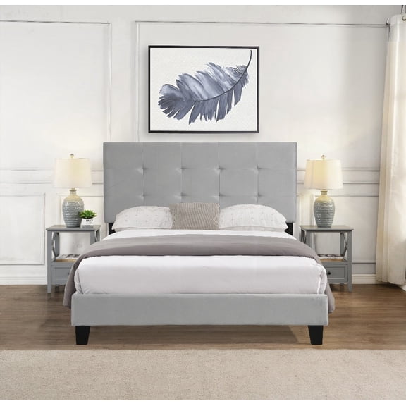 Gray Upholstered Queen Size Bed Frame having Pull Point Tufted Headboard & Stable Wood Slat Support, Easy Setup