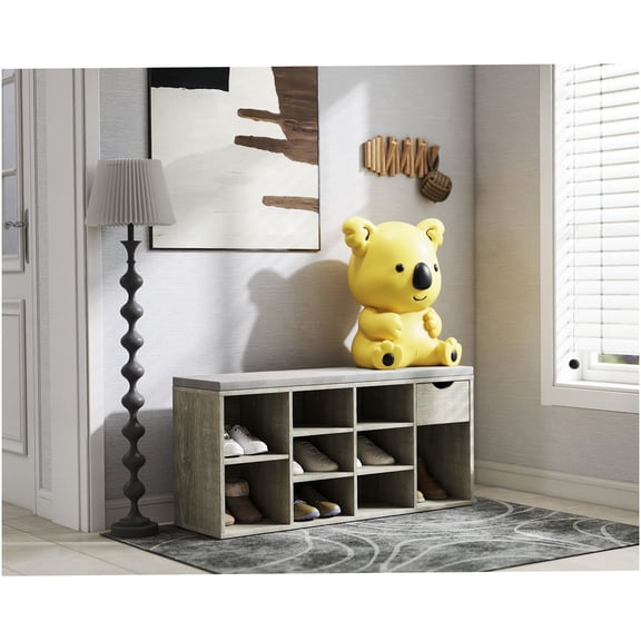 Gray Upholstered Storage Bench with Drawer, 9-Cube Organizer Shoe Rack for Entryway, Living Room
