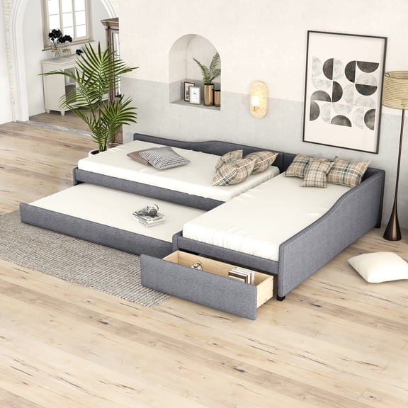 Gray Upholstered Twin Daybed With Trundle & Drawer - Plywood Stability, Enhances Bedroom Atmosphere And Drawer, Size, Built, Meets Various Demands