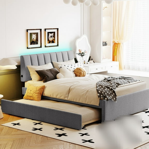 Gray Upholstered Twin Trundle Bed With Cozy Fleece And Stripe Headboard Gorgeous Platform