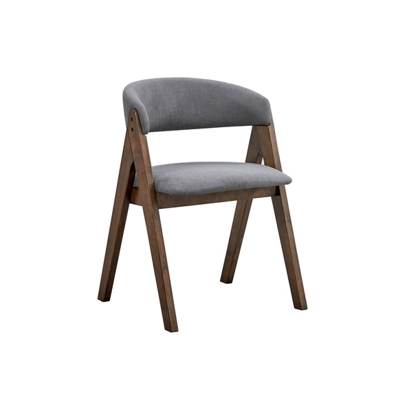 Gray Upholstery & Walnut Legs - Curved Back for Lumbar Support - Kitchen Setting - Sophisticated Dining Chair
