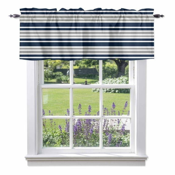 Gray and Valance Curtain Dark Blue Stripes Minimalist Modern Geometric Window Valances Rod Pocket Short Curtains Window Treatments for Kitchen Bedroom Bathroom Laundry 54" x 18"