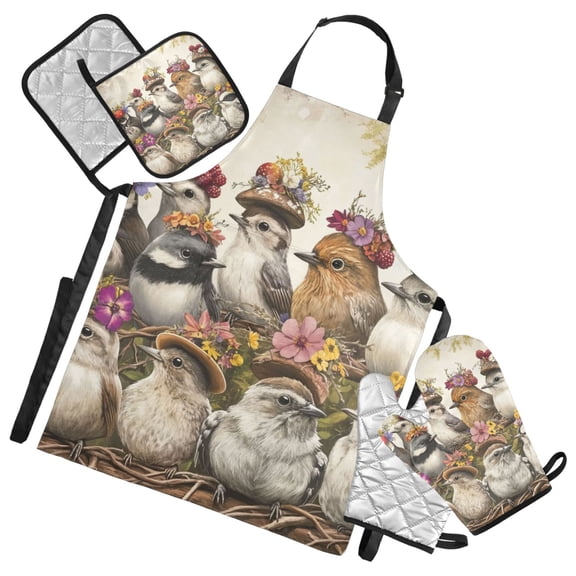 Gray Various Birds Oven Mitts and Pot Holders with Chef Apron Set 5 Pcs Kitchen Cooking Set