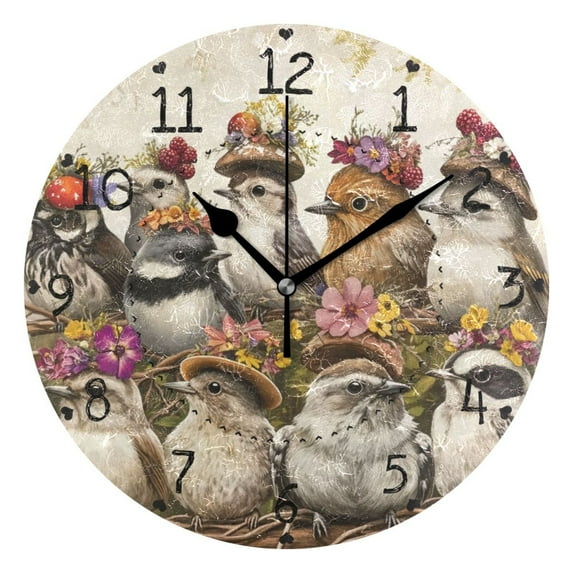 Gray Various Birds Round Wall Clock Silent Battery Operated Home Decor for Living Room Bedroom