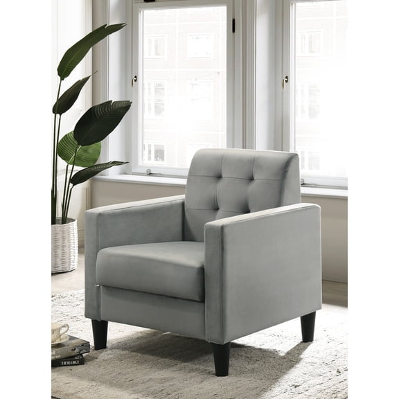 Gray Velvet Armchair, Square Arms, 27.5", Full Foam Seat, Design Chair With 27.5"