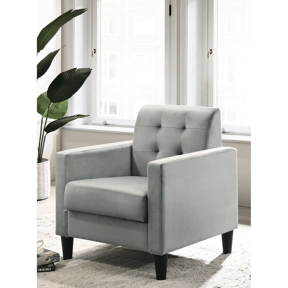 Gray Velvet Armchair, Square Arms, Full Foam Seat, 27.5", Design 27.5" Seat ,