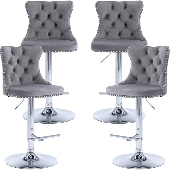 Gray Velvet Bar Stools Set of 4 - Adjustable Swivel Grey Counter Height Chairs with Tufted Back and Nailhead Trim for Kitchen Island (Gray, Chrome Metal, 4 Pcs)