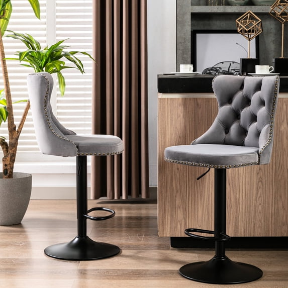 Gray Velvet Barstools with Hand - pulled Buttons and Rivets / Ideal for Kitchen