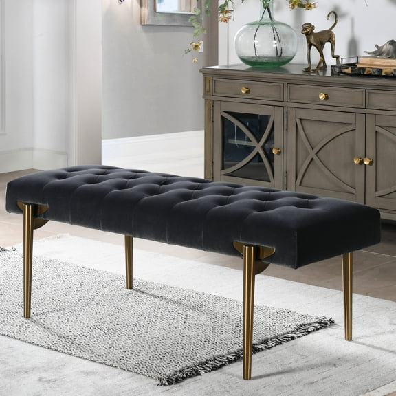 Gray Velvet Bench | Upgrade Your Room, Medium Firm Cushion | Gold Legs & High - Density Foam | Fix Lack of Style and Support