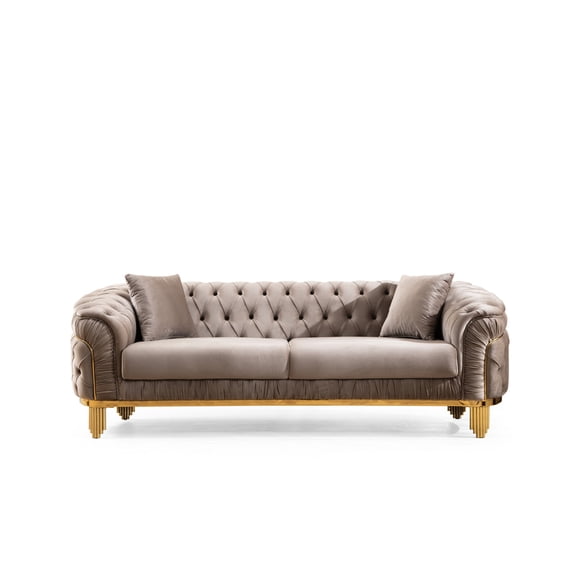 Gray Velvet Button Tufted Sofa / Glamorous Look for Living Room