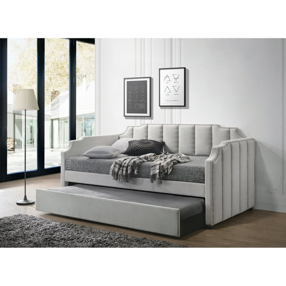 Gray Velvet Daybed With Trundle - Fully Padded, Arched, Horizontal , Nailhead Trim, 76"l X 41"w 12"h Size, 42.6 In. Depth Twin Size In Arched Shape, Tufting, 28 Slat System