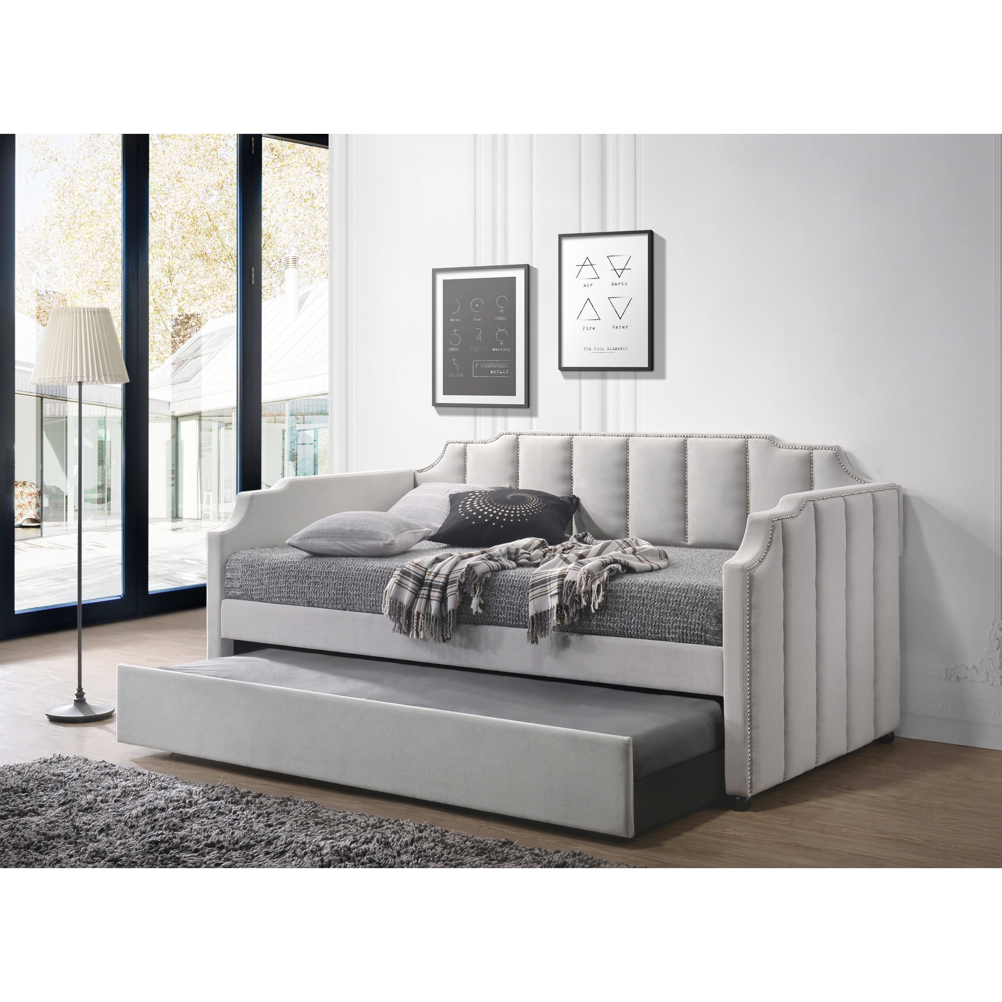 Side Leg Panel Gray Velvet Daybed And Trundle - Fully Padded, Arched Shape, Horizontal ...