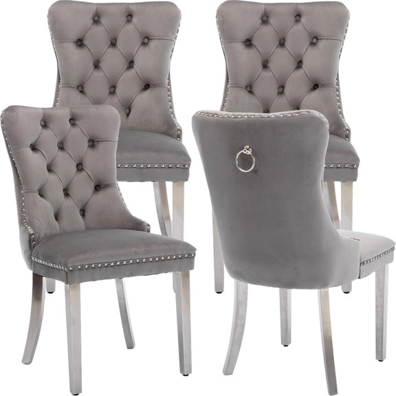 Gray Velvet Dining Chairs Set of 4 for Kitchen & Dining Room, High Tufted Back Dinning Chairs, Sillas de Comedor, Fabric Upholstered, Brushed Chrome Silver Metal Legs, Grey