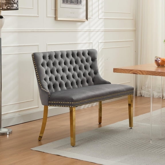 Gray Velvet Double Dining Loveseat Bench, 2-Seat Tufted Kitchen & Dining Chair with Gold-Plated Steel Legs, Wing Back, Mid Century Modern Style, Handmade Button Accent