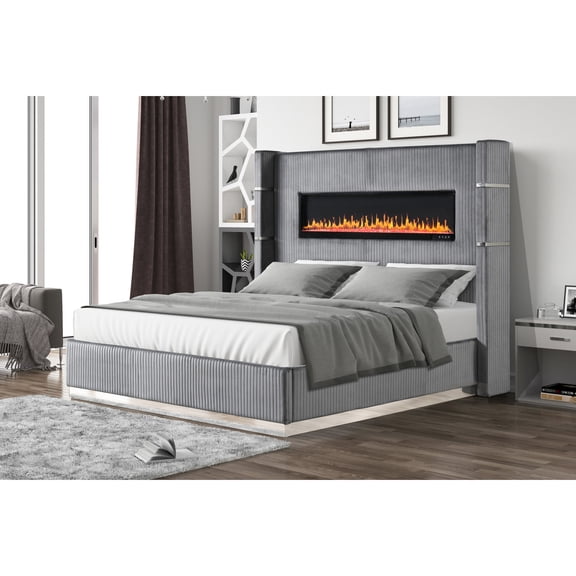 Gray Velvet Finish Bed - Bluetooth Speakers & 2 USB Outlets - Bedroom Living - Enhanced Comfort