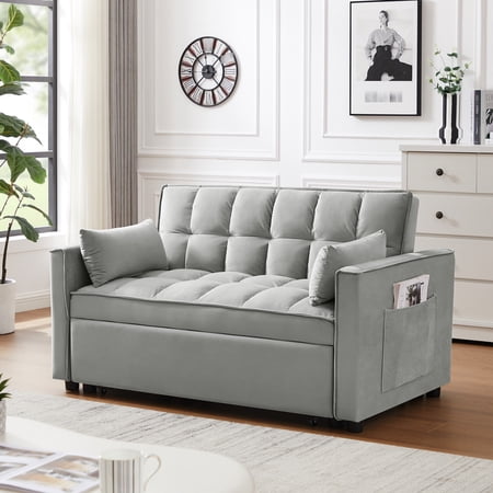 Gray Velvet Futon With Pullout Sleeper And Storage Option Convertible Bed Soft Lumbar Pillows,