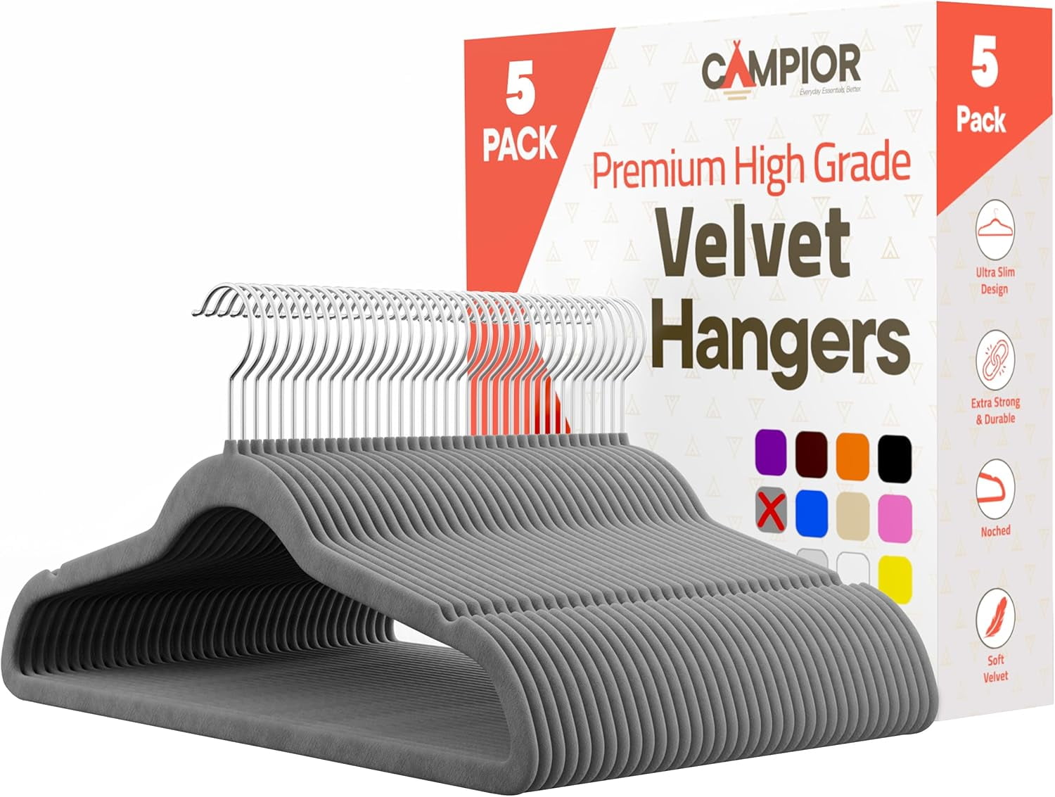 Gray Velvet Hangers 5 Pack – Heavy-Duty 11 lbs Capacity, 360° Swivel Hook, Non-Slip & Space-Saving Design – Smooth Velvet Finish for Crease-Free Clothes & Effortless Closet Organization