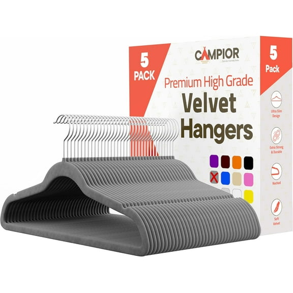 Gray Velvet Hangers 5 Pack – Heavy-Duty 11 lbs Capacity, 360° Swivel Hook, Non-Slip & Space-Saving Design – Smooth Velvet Finish for Crease-Free Clothes & Effortless Closet Organization
