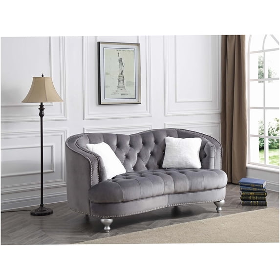 Gray Velvet Loveseat Sofa with Recessed Arms, Compact Two-Seater for Small Spaces, No Assembly Required