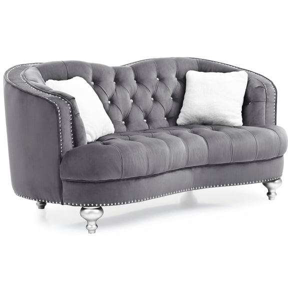 Gray Velvet Loveseat for Small Living Spaces / Recessed Arms, Quick to Set Up
