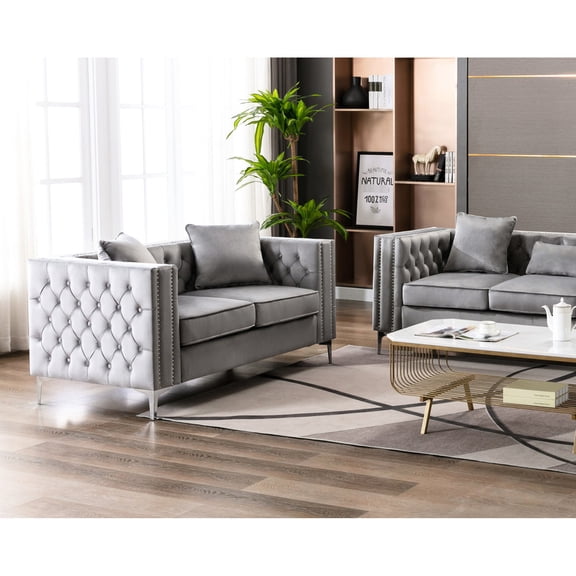 Gray Velvet Loveseat with Handmade Details and Chrome Legs / Comfortable Seating with Pocket Coil Springs