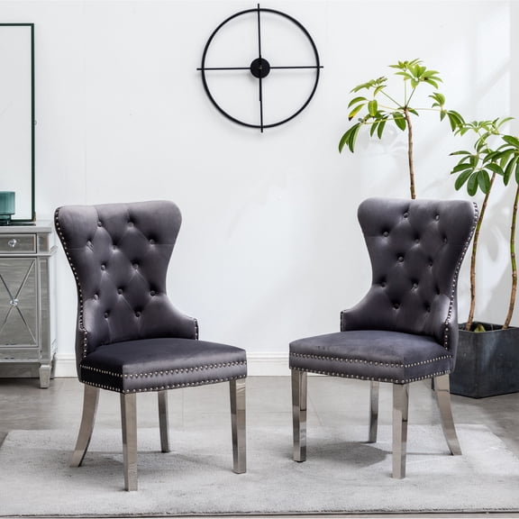 Gray Velvet - Nailhead Trim and Decorative Back Ring - Reading Nook Seating - Set of Two Cozy Chairs