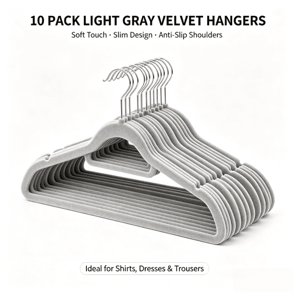 MegaLove Gray Velvet Non‑Slip Clothes Hangers, 10 Pack, Space Saving Heavy Duty Hangers for Closet Storage