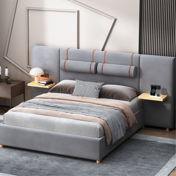 Gray Velvet Queen Platform Bed With Charging Ports, Outlets, And Bedside Storage Two Charging, Space