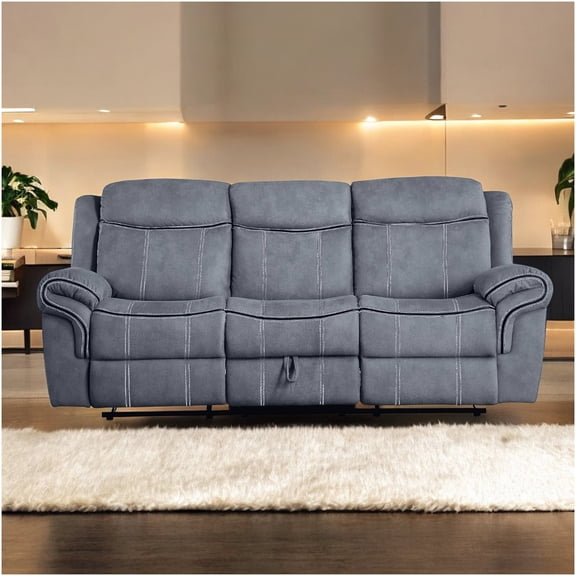 Gray Velvet Recliner Sofa with USB Port and Drop Down Table, 3-Seat Motion Reclining Sofa with Storage