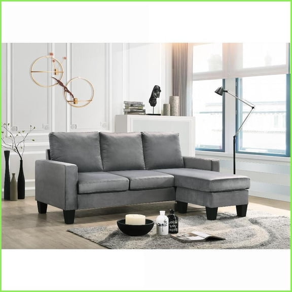 Gray Velvet Reversible Sectional Sofa Chaise – Modern Style for Small Spaces & Apartments, Budget-Friendly | Gray | Velvet | Loose Back