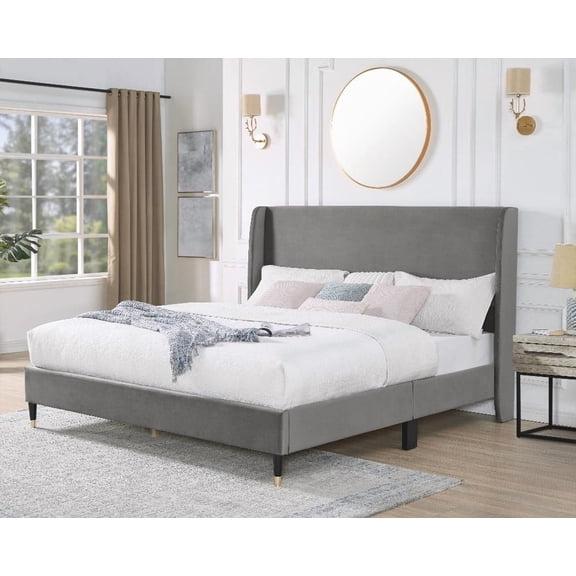 Queen Rozitta Gray Velvet Wingback Platform Bed - Comfort & Style with Modern Touches