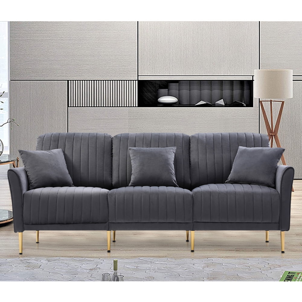 Gray Velvet Sofa, 82"L 3Seater Sofa Couch, Velvet Upholstered Sofa