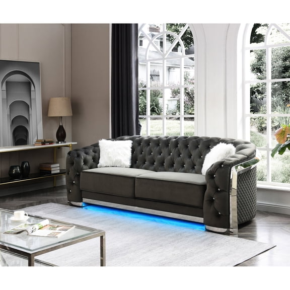 Gray Velvet Sofa with Chrome and LED Features / Impressive Living Room Centerpiece
