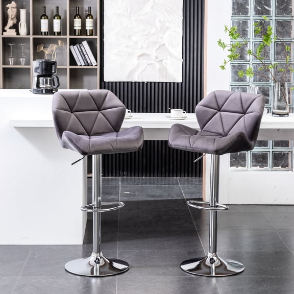 Gray Velvet Stool - Height Adjustable & Swivel - Restaurant Bar - Comfort Mid - Back Set of 3
