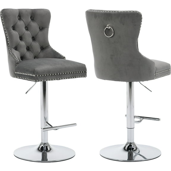 Gray Velvet Swivel Bar Stools Set of 2 with Upholstered Back, Adjustable Counter Height Barstools, Modern Bar Chairs for Home Kitchen Island Pub Restaurant, Silver Base (Velvet, 2 Pcs, Grey)