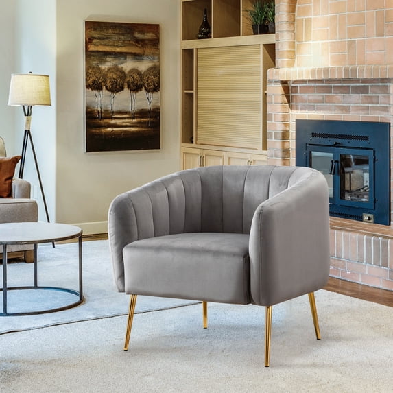 Gray Velvet Upholstered Accent Arm Chair for Living Room, Bedroom Single Sofa Tufted Barrel Chair Golden Metal Legs, Set of 1