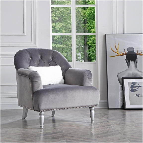 Gray Velvet Upholstered Armchair for Living Room, Traditional High Back Accent Chair with Cushioned Seat