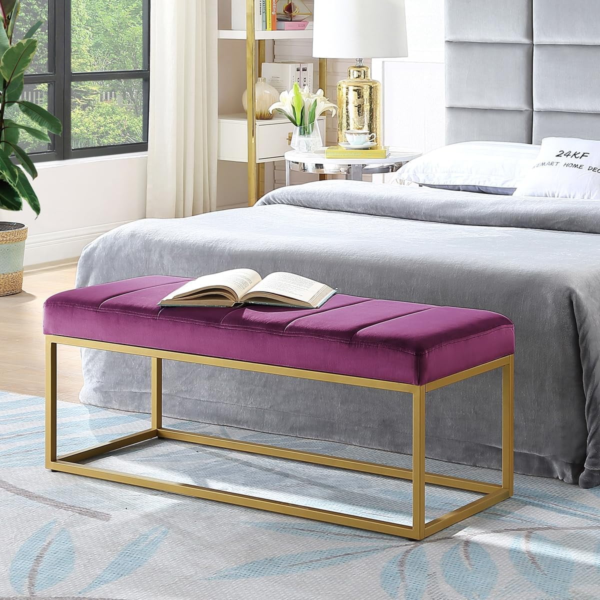 Gray Velvet Upholstered End of Bed Bench with Metal Frame Tufted Channel Entryway Bench ...