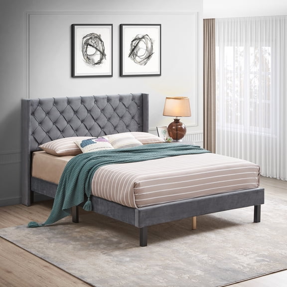 Gray Velvet Upholstered Platform Bed Frame Queen Size with Button Tufted Wings Design Headboard, Mattress Foundation with Strong Wood Slat Support, Hold 600LBS, No Box Spring Needed