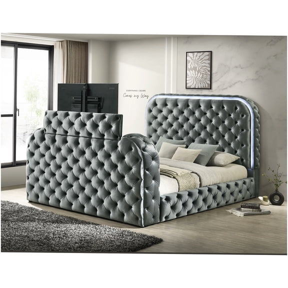 Gray Velvet Upholstered Platform Bed with LED Fireplace, Bluetooth Speaker, and TV Stand, No Box Spring Needed Queen Size