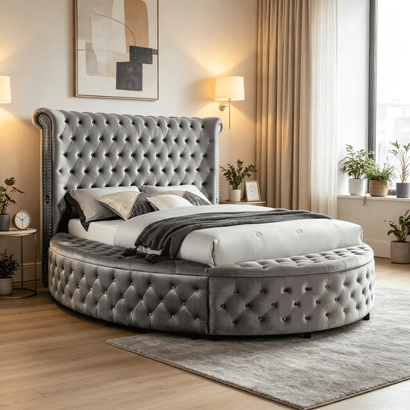 Gray Velvet Upholstered Round Queen Bed with Tufted Headboard, Storage & USB Ports