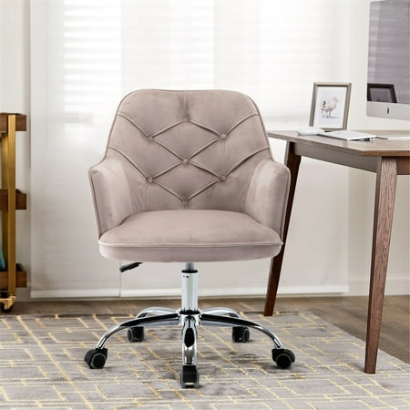 Gray Velvet Vanity Chair, Home Swivel Office Chair with Soft Back and Arm, Height Adjustable Task Chair, Modern Upholstered Accent Chair for Bedroom, Living Room, L0095