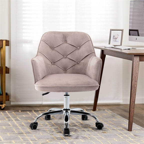 Gray Velvet Vanity Chair, Home Swivel Office Chair with Soft Back and Arm, Height Adjustable Task Chair, Modern Upholstered Accent Chair for Bedroom, Living Room, L0095