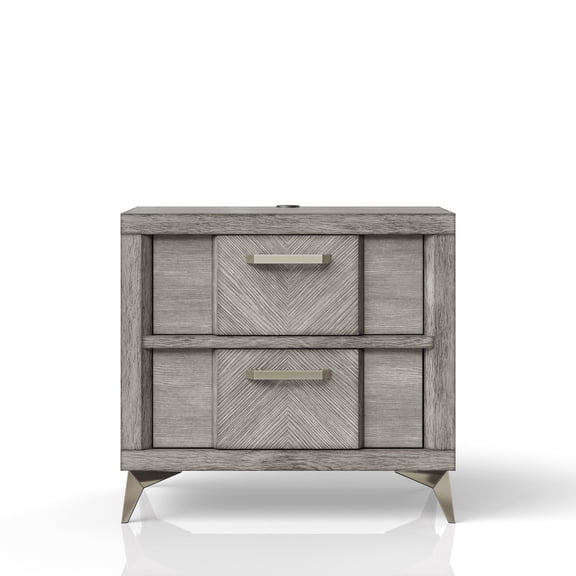 Gray Veneer Nightstand With 2 Drawers And Antique Finish Storage Drawer In Legs